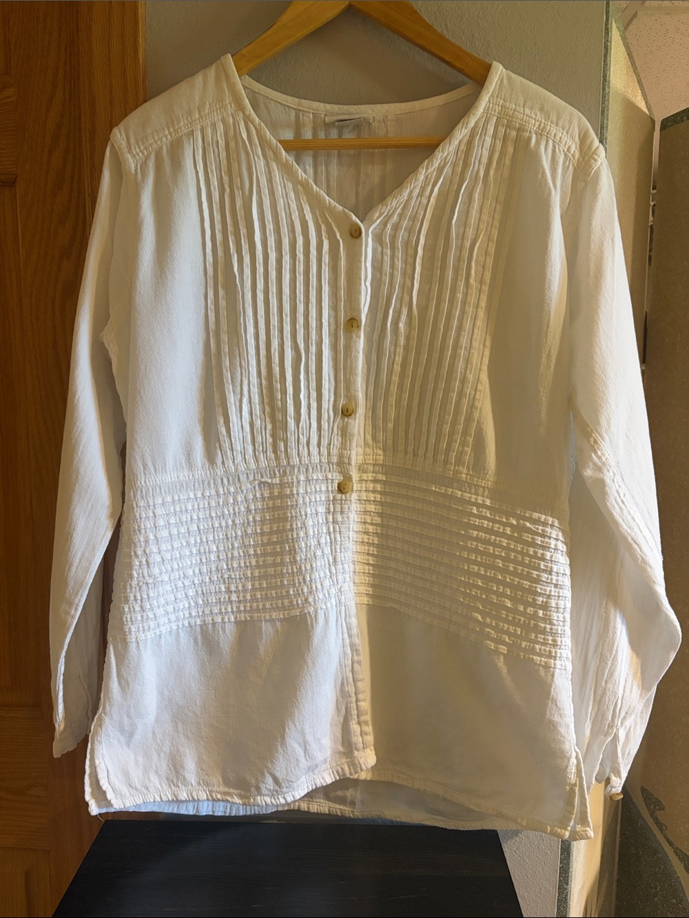 Eucalyptus White Pintuck Button-Down Blouse with V-Neck